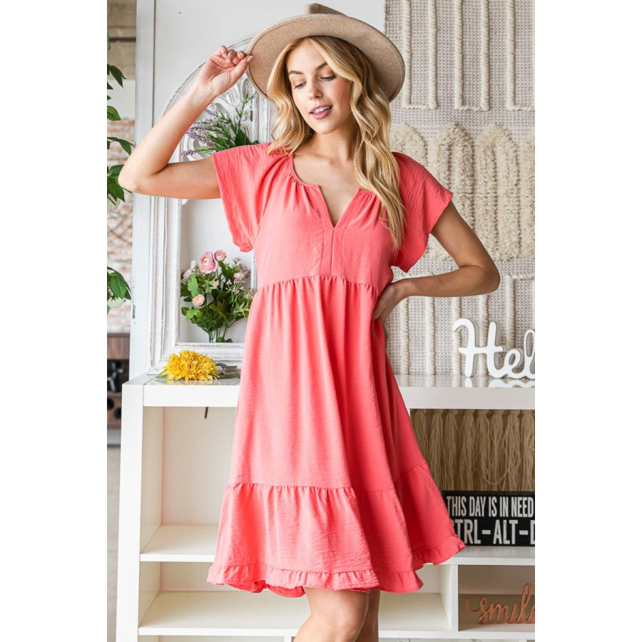 Reborn J Ruffled Notched Cap Sleeve Dress Coral / S Apparel and Accessories