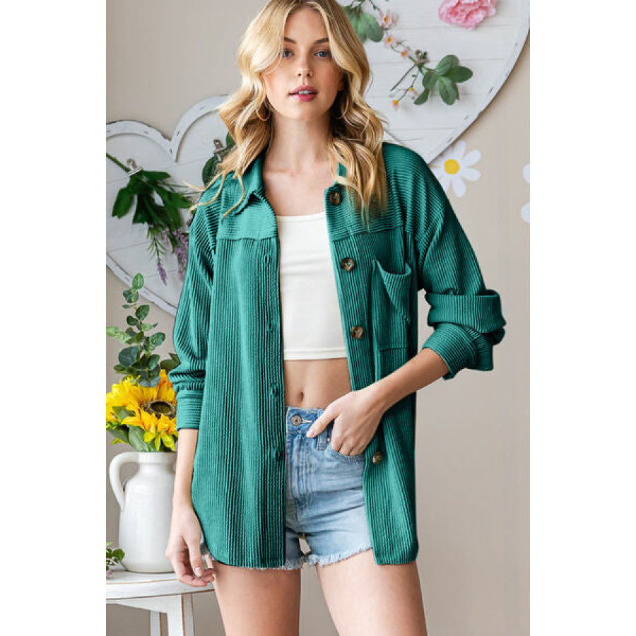 Reborn J Striped Button Up Long Sleeve Shacket HUNTER GREEN / S Apparel and Accessories