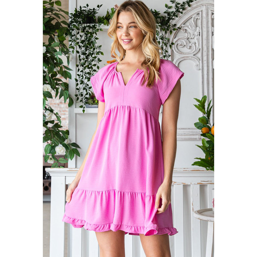 Reborn J Tiered Notched Cap Sleeve Dress Pink / S Apparel and Accessories