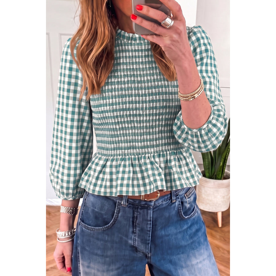 Red 3/4 Sleeve Shirred Plaid Peplum Top Green / S / 60% Viscose + 40% Lyocell Tops/Blouses & Shirts