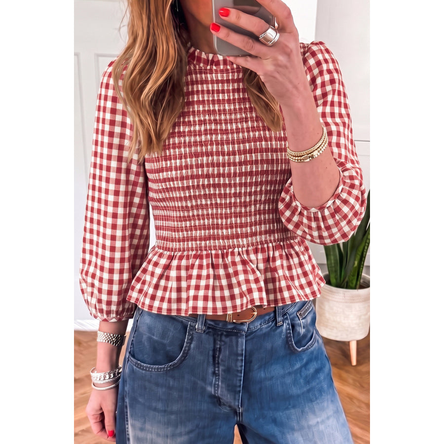 Red 3/4 Sleeve Shirred Plaid Peplum Top Red / S / 60% Viscose + 40% Lyocell Tops/Blouses & Shirts