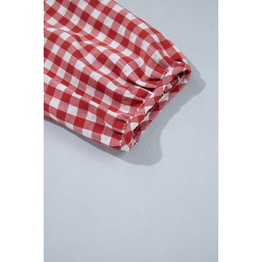 Red 3/4 Sleeve Shirred Plaid Peplum Top Tops/Blouses & Shirts