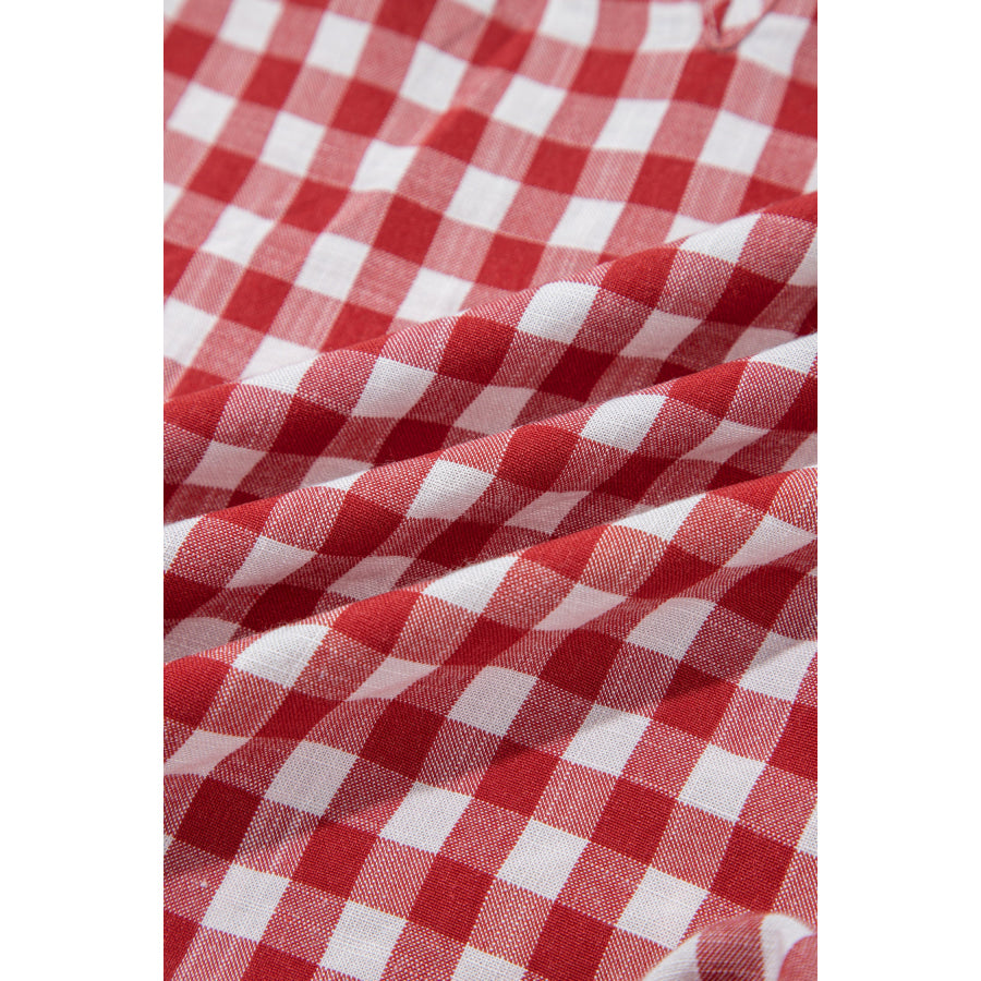 Red 3/4 Sleeve Shirred Plaid Peplum Top Tops/Blouses & Shirts