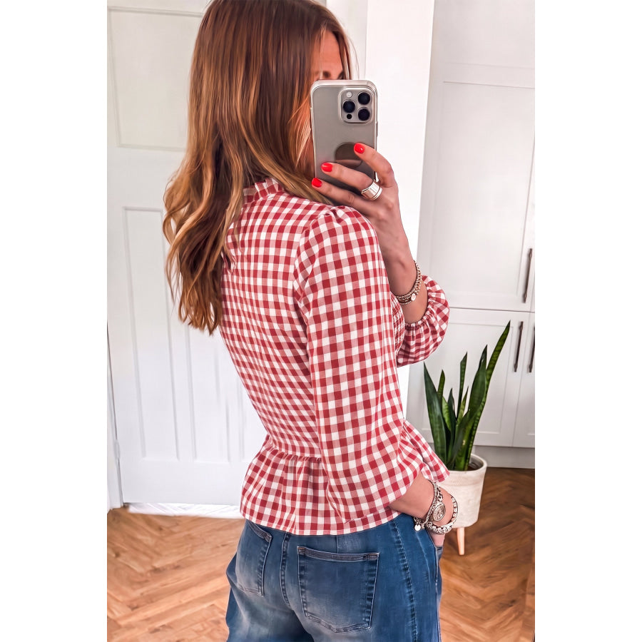 Red 3/4 Sleeve Shirred Plaid Peplum Top Tops/Blouses & Shirts