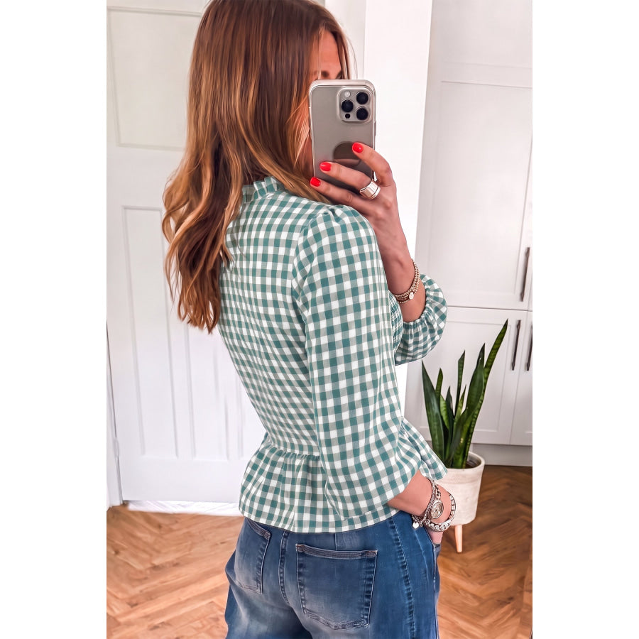Red 3/4 Sleeve Shirred Plaid Peplum Top Tops/Blouses & Shirts
