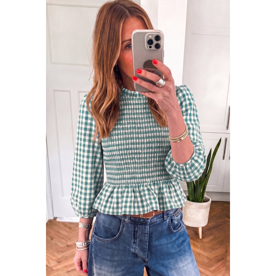 Red 3/4 Sleeve Shirred Plaid Peplum Top Tops/Blouses & Shirts