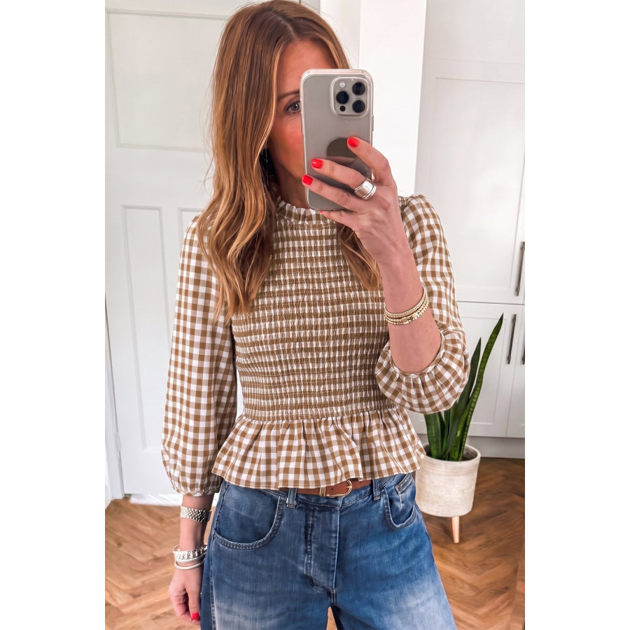Red 3/4 Sleeve Shirred Plaid Peplum Top Tops/Blouses & Shirts