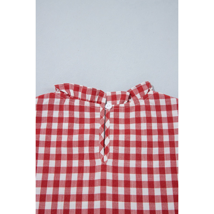 Red 3/4 Sleeve Shirred Plaid Peplum Top Tops/Blouses & Shirts