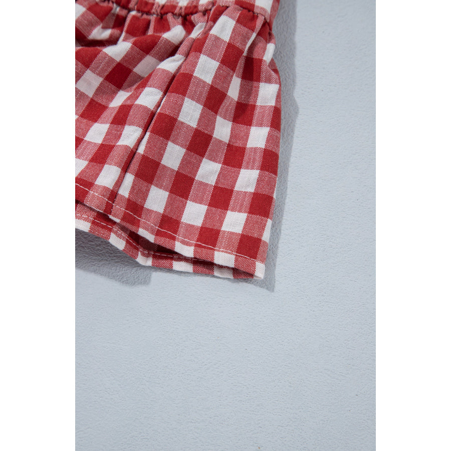 Red 3/4 Sleeve Shirred Plaid Peplum Top Tops/Blouses & Shirts