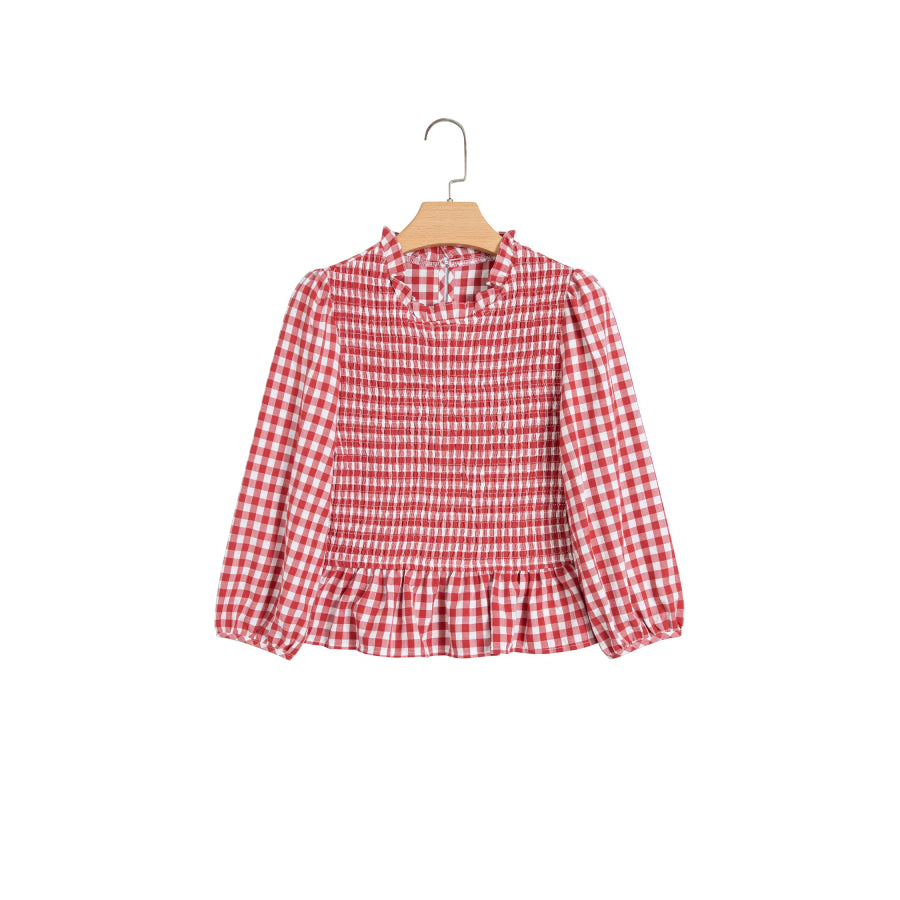 Red 3/4 Sleeve Shirred Plaid Peplum Top Tops/Blouses & Shirts