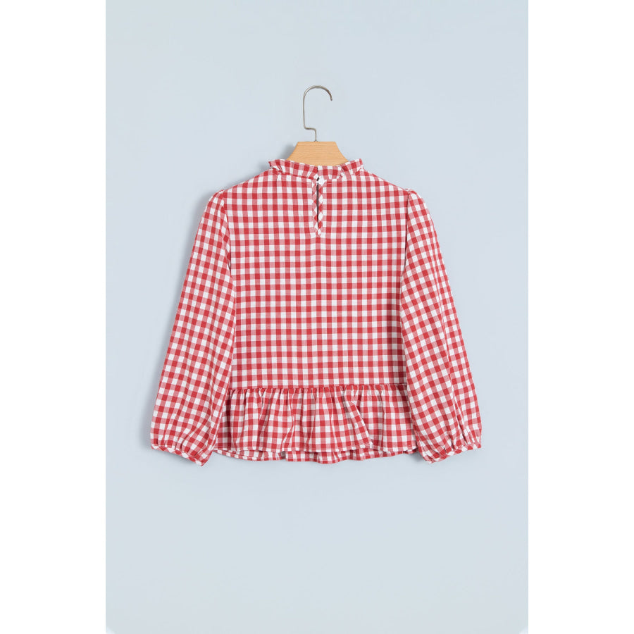 Red 3/4 Sleeve Shirred Plaid Peplum Top Tops/Blouses & Shirts
