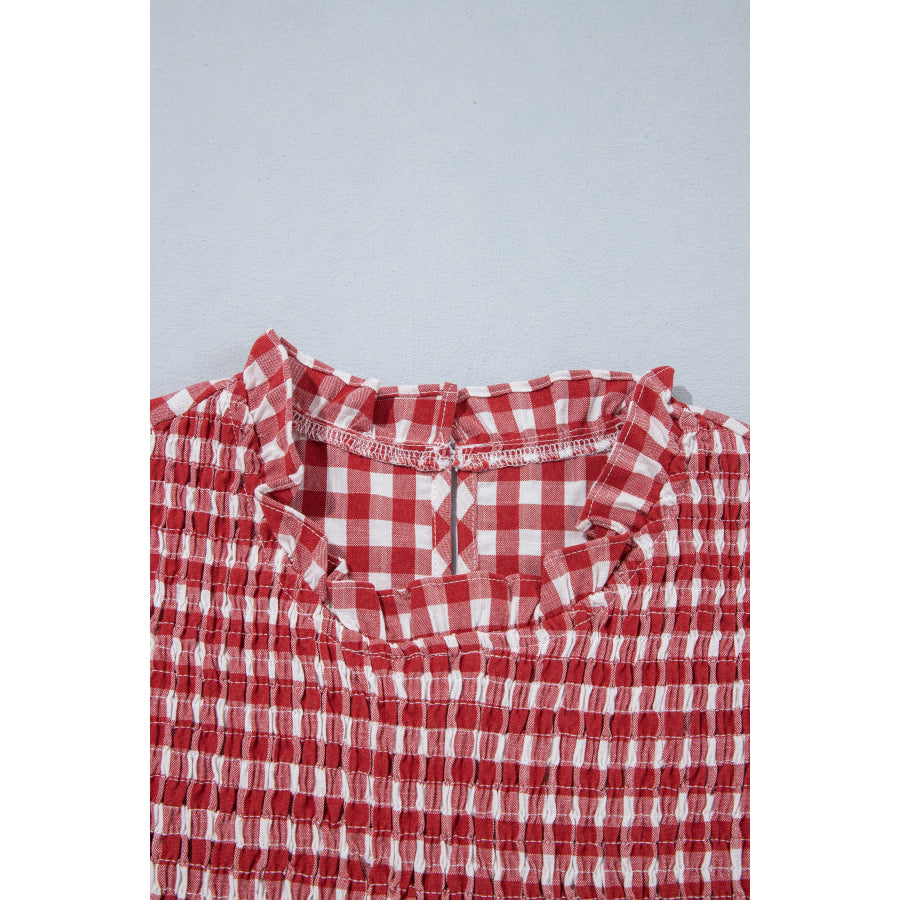 Red 3/4 Sleeve Shirred Plaid Peplum Top Tops/Blouses & Shirts