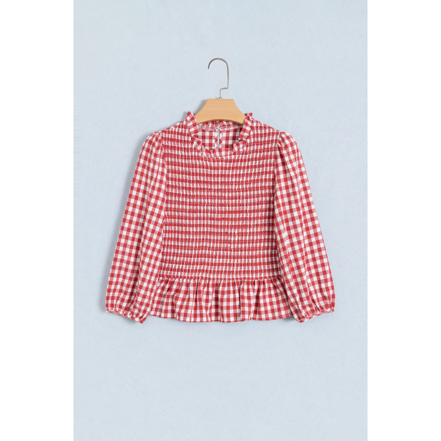 Red 3/4 Sleeve Shirred Plaid Peplum Top Tops/Blouses & Shirts