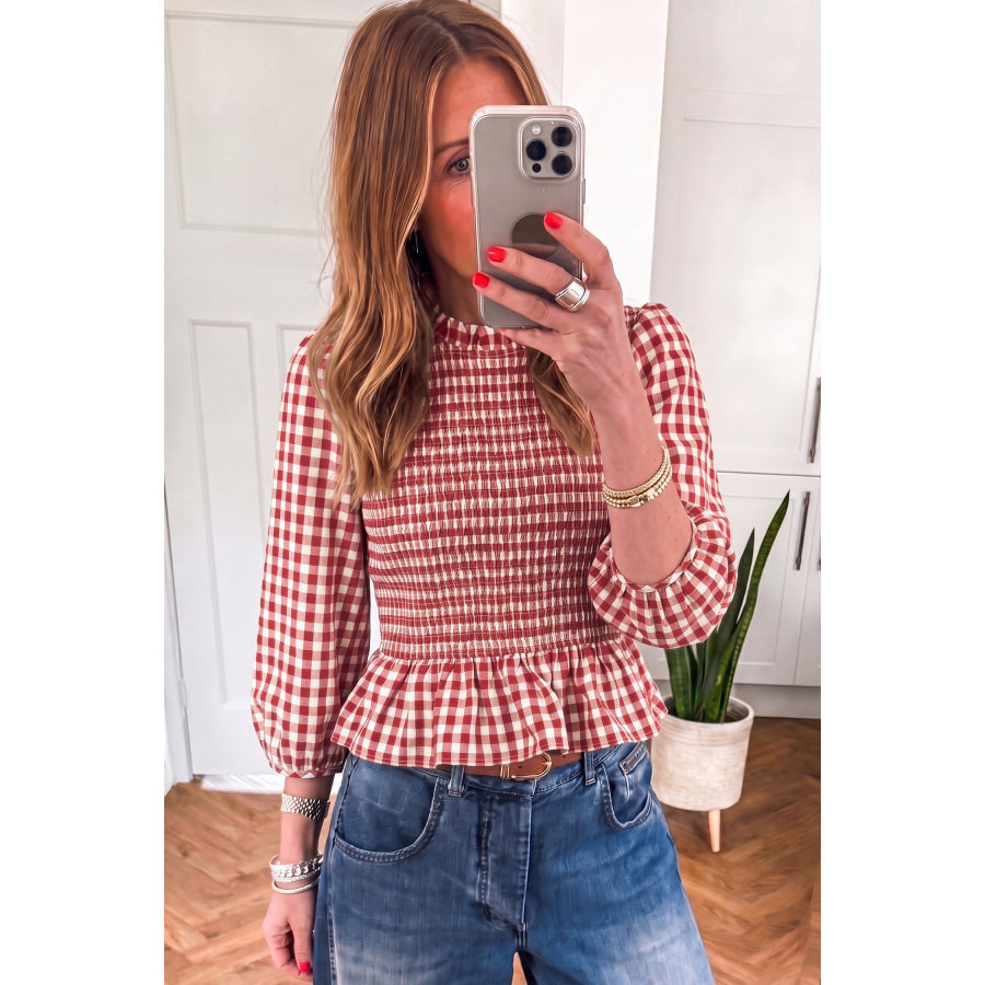 Red 3/4 Sleeve Shirred Plaid Peplum Top Tops/Blouses & Shirts