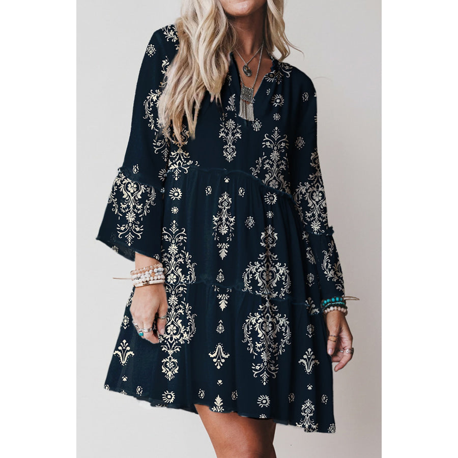 Red Boho Floral Print Lettuce Trim 3/4 Sleeve Mini Dress Blue / S / 100% Viscose Dresses/Floral Dresses