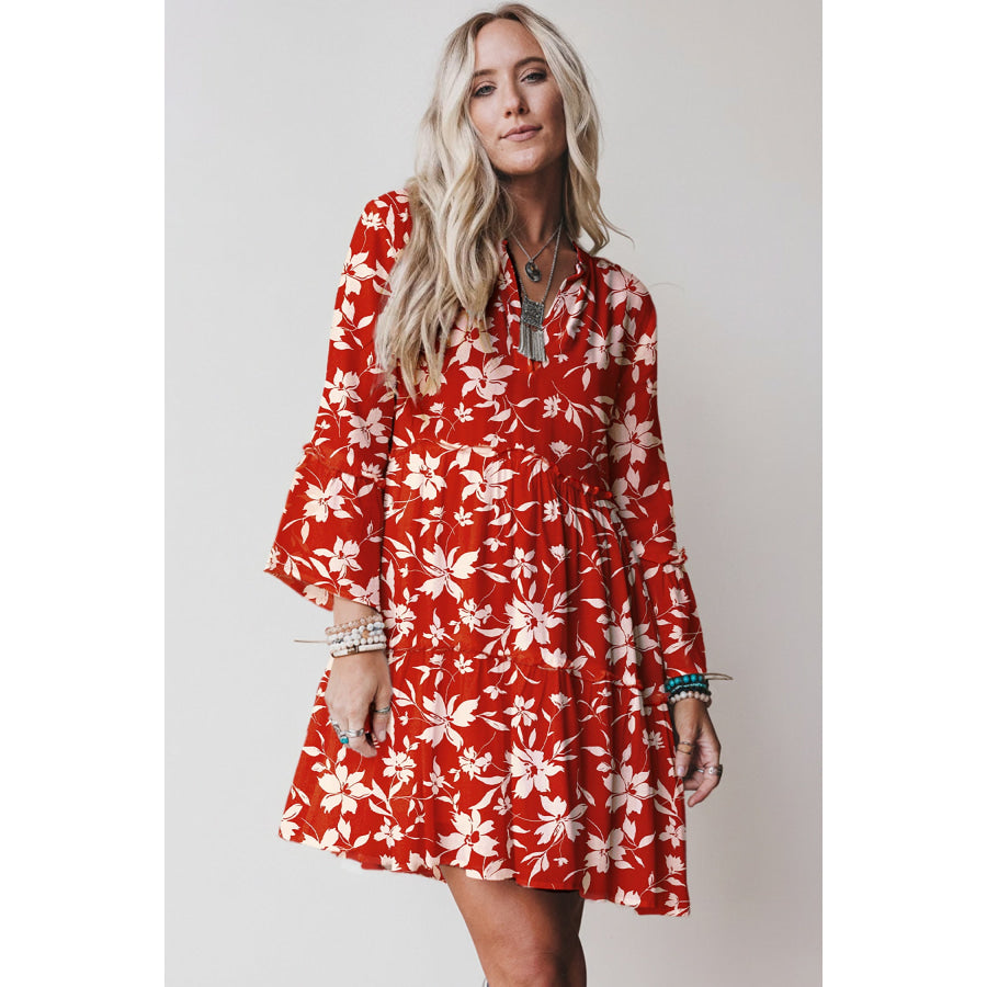 Red Boho Floral Print Lettuce Trim 3/4 Sleeve Mini Dress Dresses/Floral Dresses