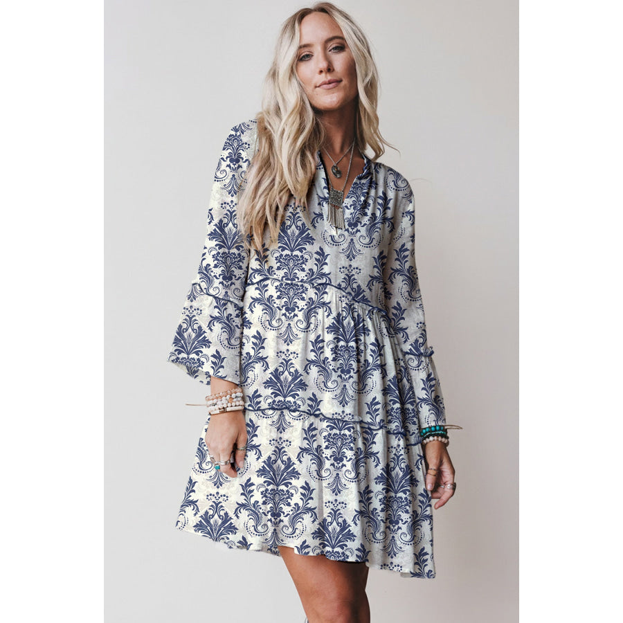 Red Boho Floral Print Lettuce Trim 3/4 Sleeve Mini Dress Dresses/Floral Dresses