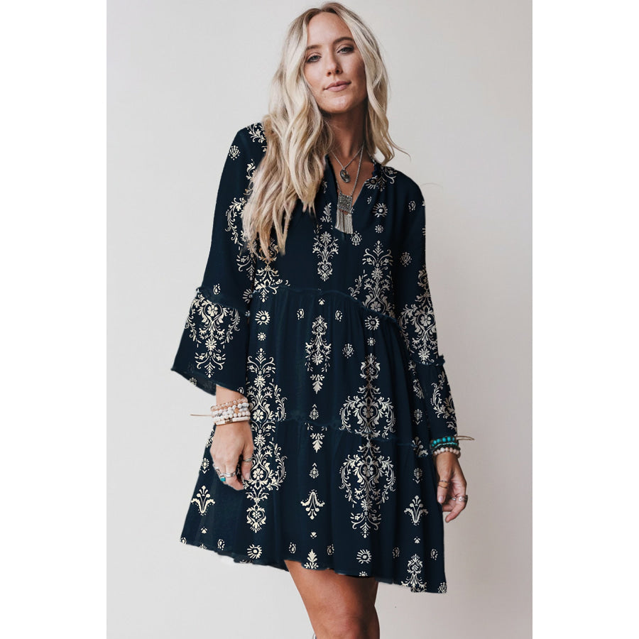Red Boho Floral Print Lettuce Trim 3/4 Sleeve Mini Dress Dresses/Floral Dresses
