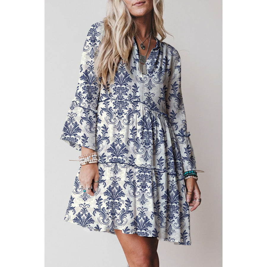 Red Boho Floral Print Lettuce Trim 3/4 Sleeve Mini Dress Dresses/Floral Dresses