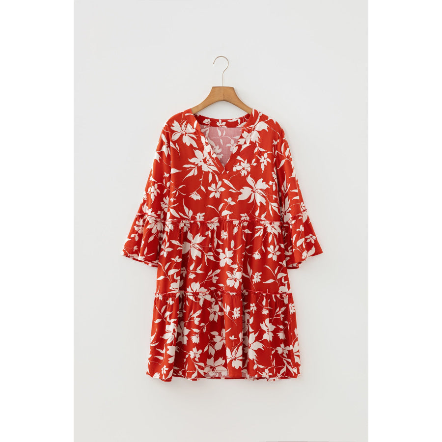 Red Boho Floral Print Lettuce Trim 3/4 Sleeve Mini Dress Dresses/Floral Dresses