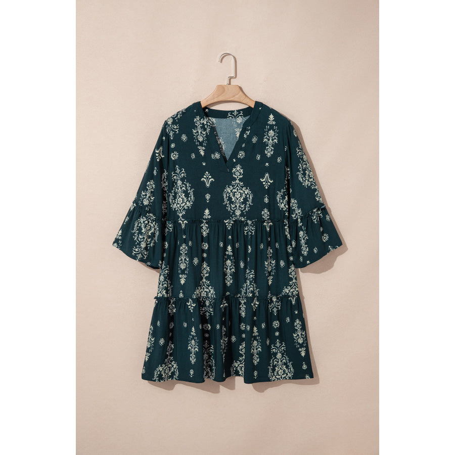 Red Boho Floral Print Lettuce Trim 3/4 Sleeve Mini Dress Dresses/Floral Dresses