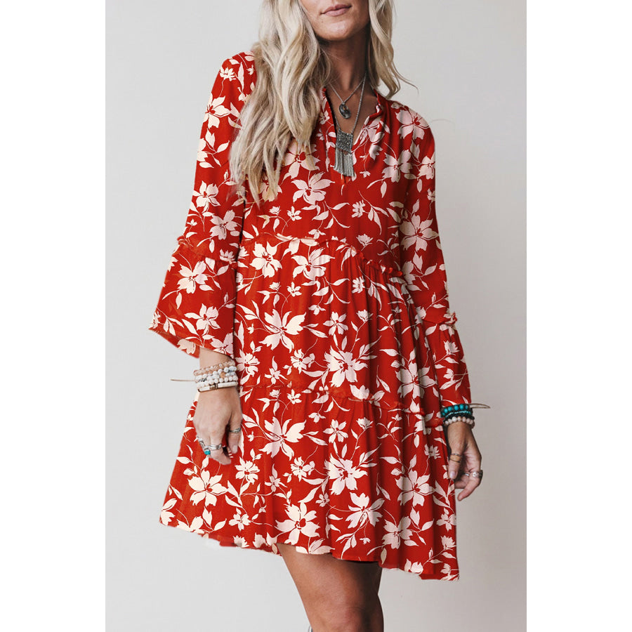Red Boho Floral Print Lettuce Trim 3/4 Sleeve Mini Dress Red / S / 100% Viscose Dresses/Floral Dresses
