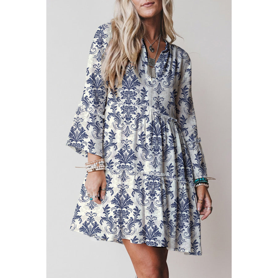 Red Boho Floral Print Lettuce Trim 3/4 Sleeve Mini Dress Sky Blue / S / 100% Viscose Dresses/Floral Dresses