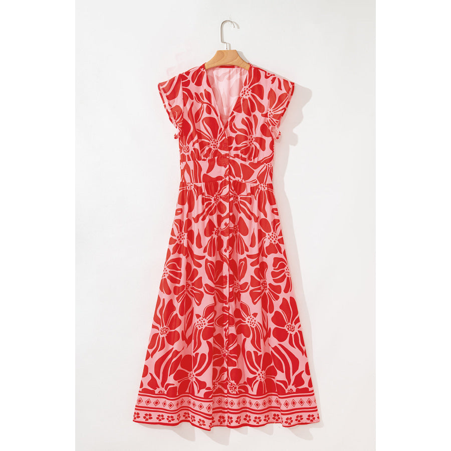 Red Boho Floral Short Sleeve V Neck Buttoned Shirred Waist Long Dress Dresses/Floral Dresses
