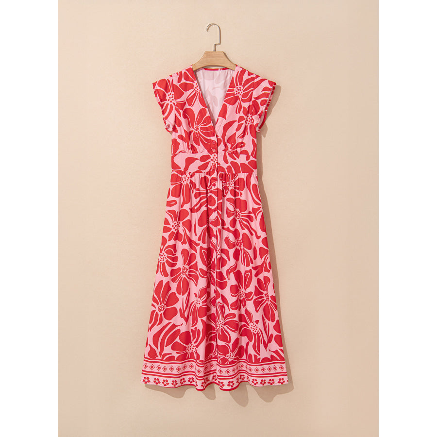 Red Boho Floral Short Sleeve V Neck Buttoned Shirred Waist Long Dress Dresses/Floral Dresses