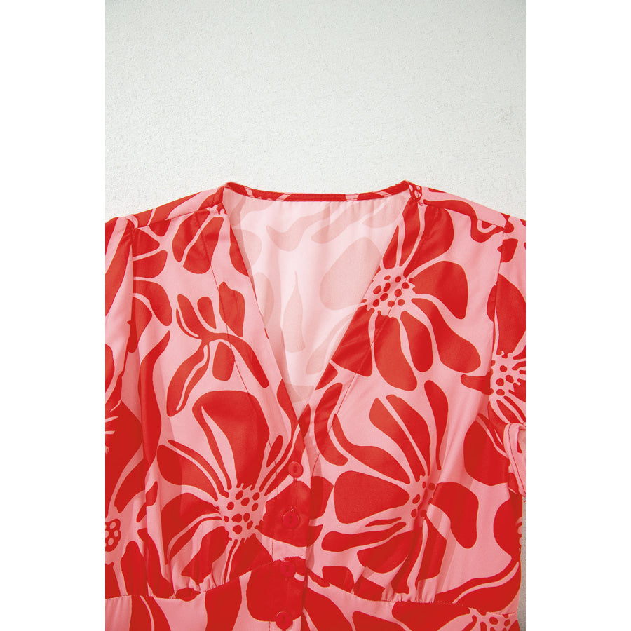 Red Boho Floral Short Sleeve V Neck Buttoned Shirred Waist Long Dress Dresses/Floral Dresses