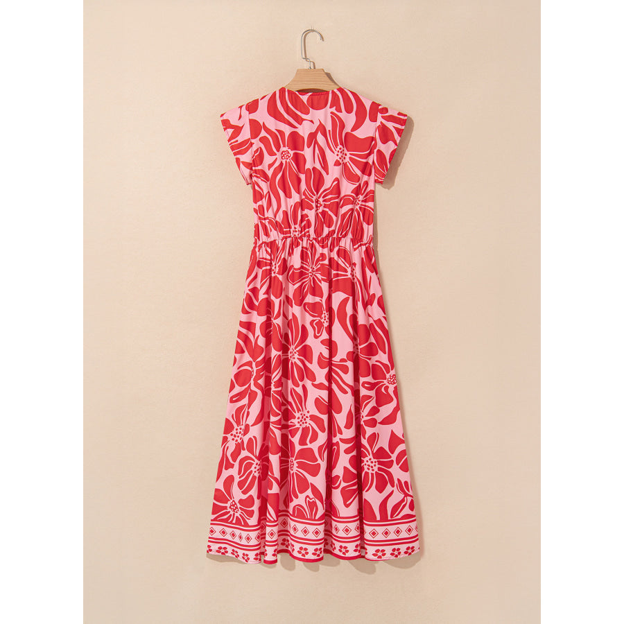 Red Boho Floral Short Sleeve V Neck Buttoned Shirred Waist Long Dress Dresses/Floral Dresses