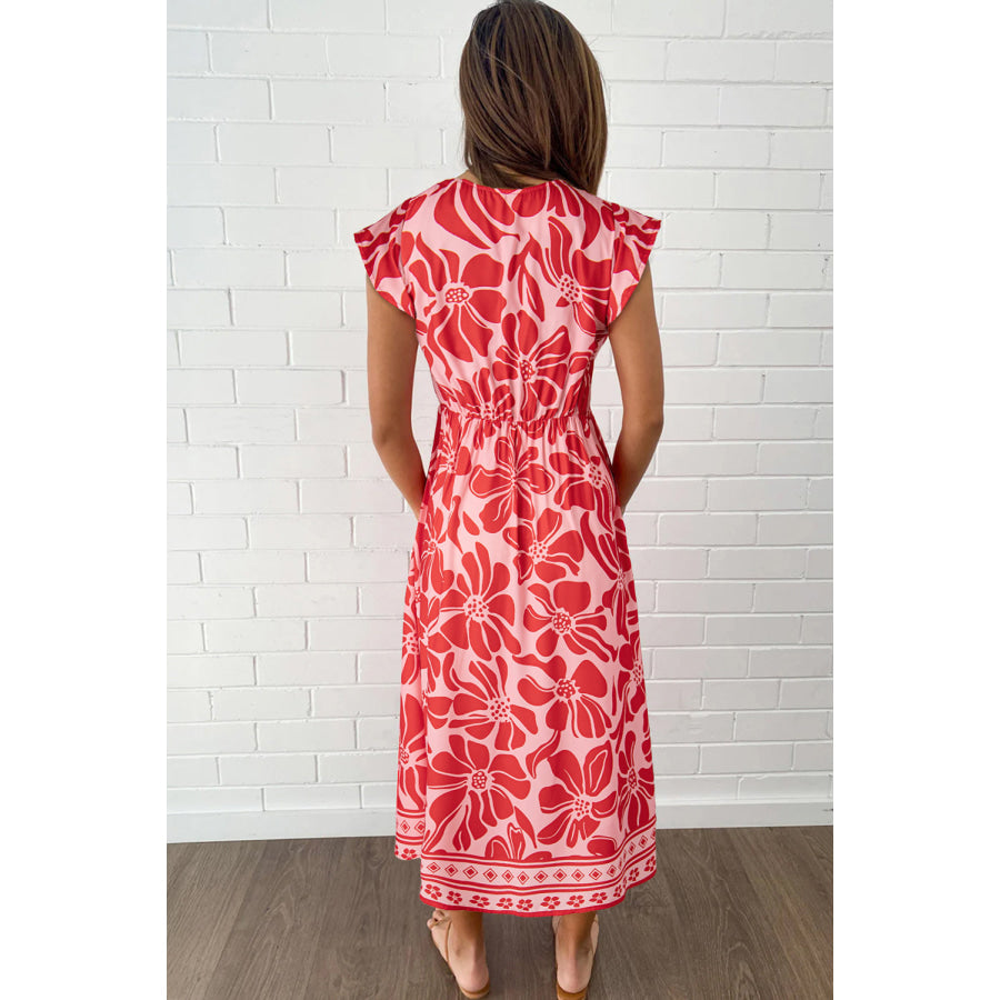 Red Boho Floral Short Sleeve V Neck Buttoned Shirred Waist Long Dress Dresses/Floral Dresses