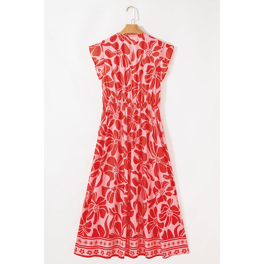 Red Boho Floral Short Sleeve V Neck Buttoned Shirred Waist Long Dress Dresses/Floral Dresses