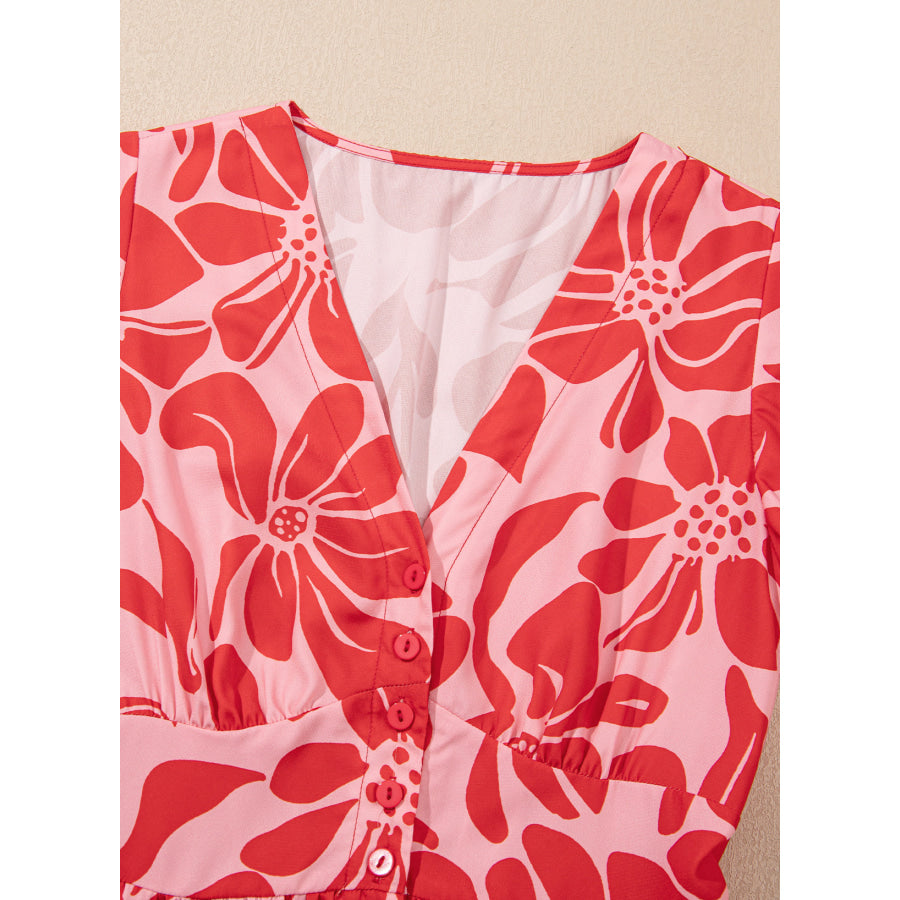 Red Boho Floral Short Sleeve V Neck Buttoned Shirred Waist Long Dress Dresses/Floral Dresses