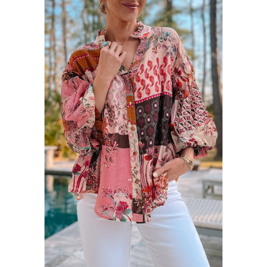 Red Boho Geometric Mixed Print Patchwork Bubble Sleeve Shirt Red / S / 100% Polyester Tops/Blouses & Shirts