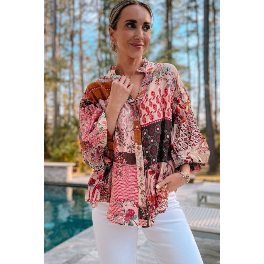 Red Boho Geometric Mixed Print Patchwork Bubble Sleeve Shirt Tops/Blouses & Shirts
