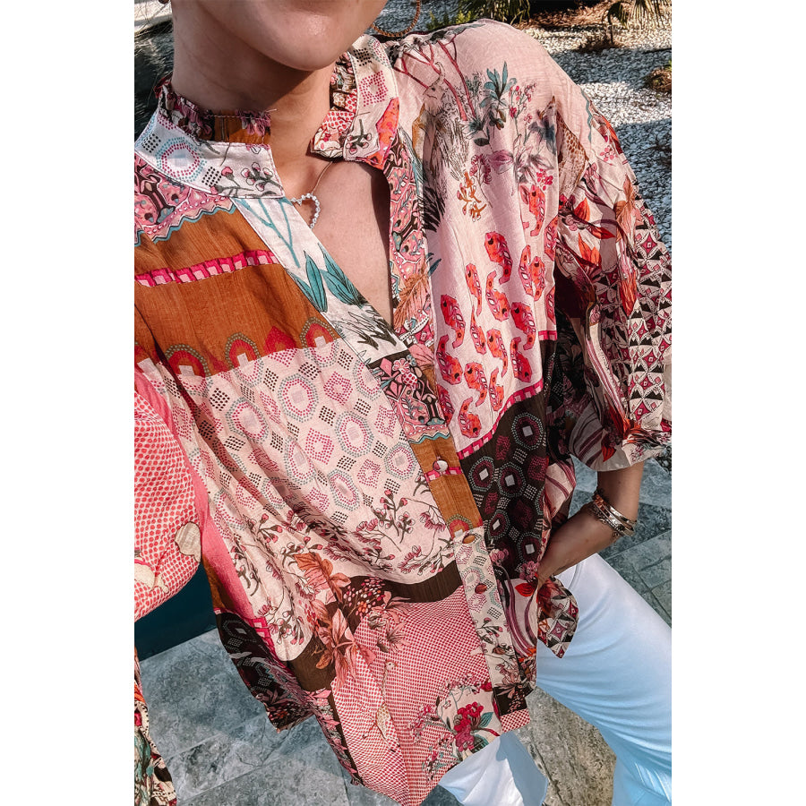 Red Boho Geometric Mixed Print Patchwork Bubble Sleeve Shirt Tops/Blouses & Shirts