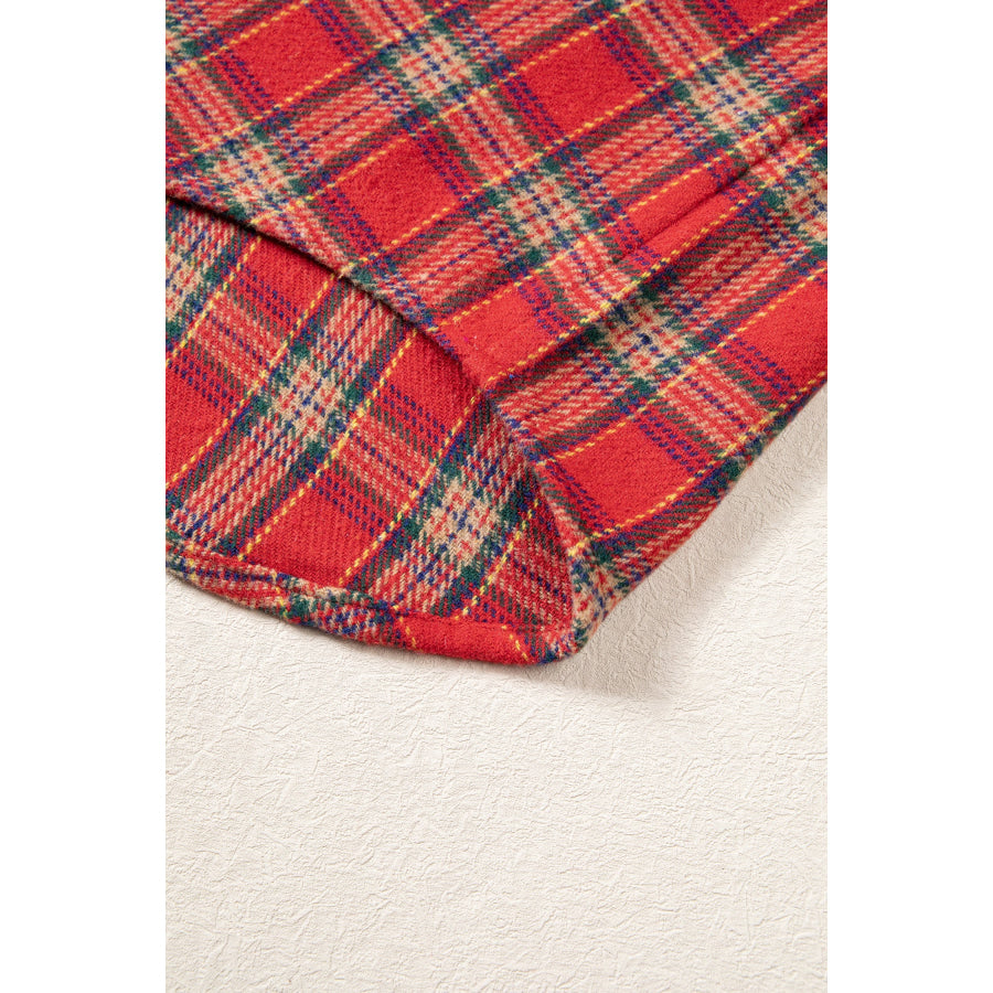 Red Casual Plaid Color Block Collared Button Shacket Outerwear/Plaid Shackets