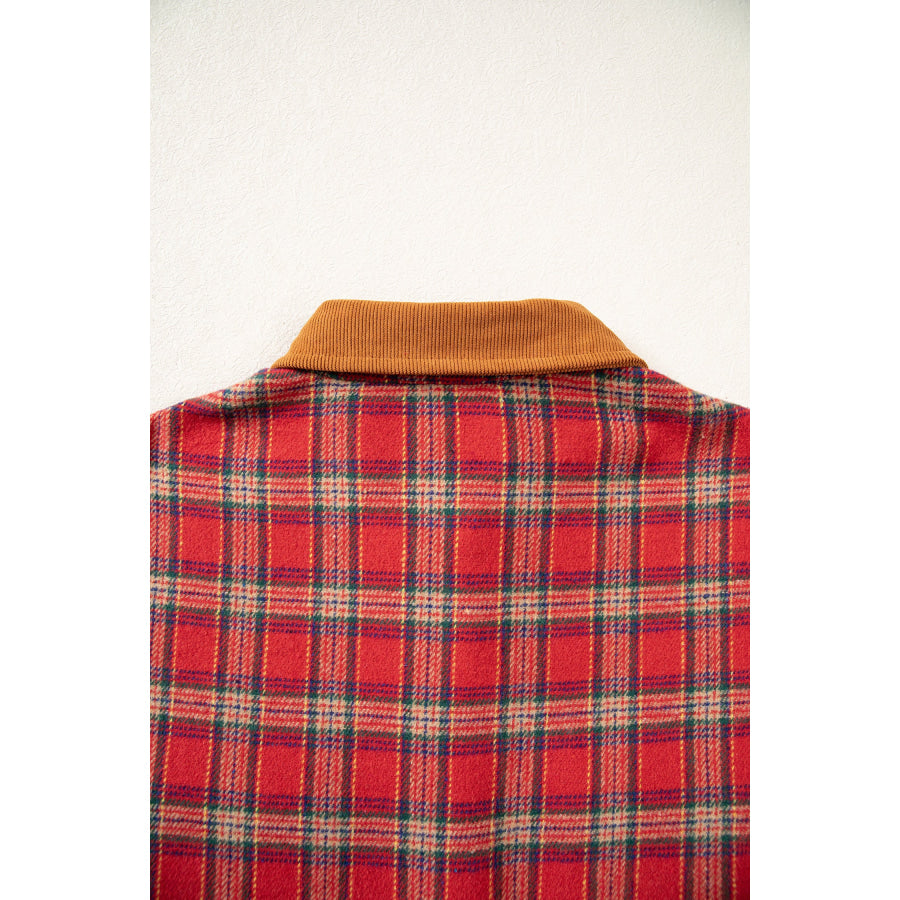 Red Casual Plaid Color Block Collared Button Shacket Outerwear/Plaid Shackets