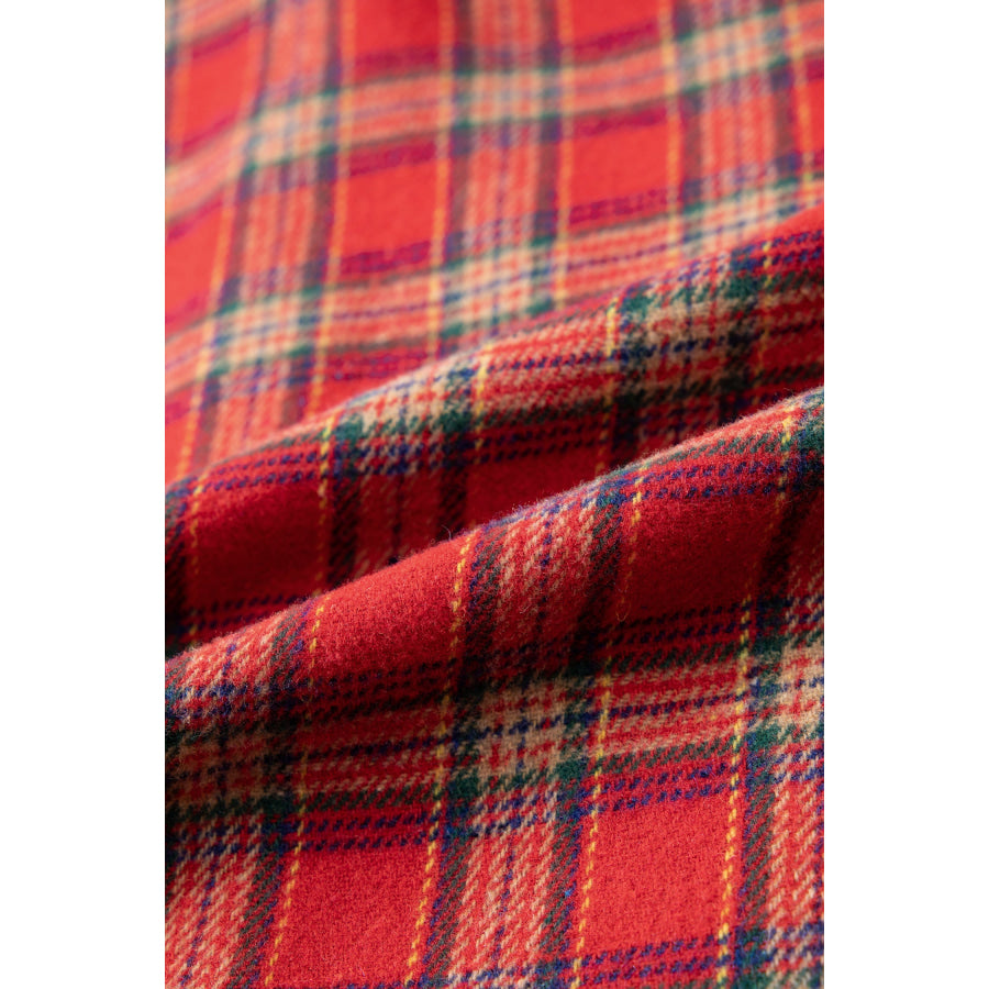 Red Casual Plaid Color Block Collared Button Shacket Outerwear/Plaid Shackets