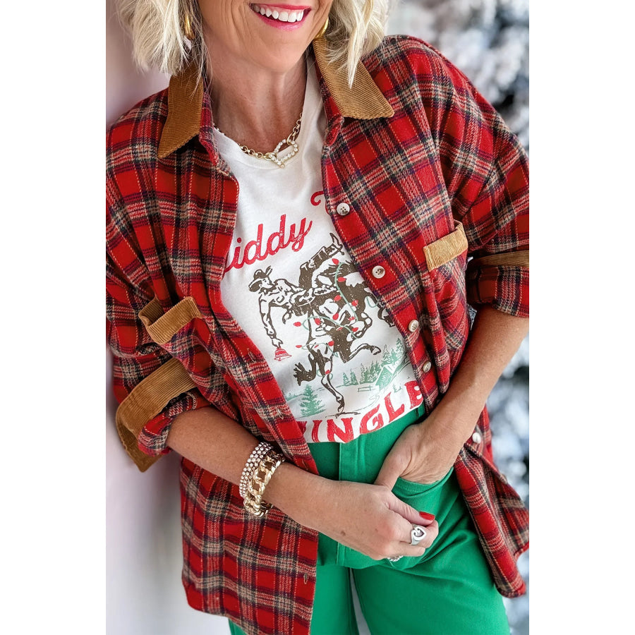 Red Casual Plaid Color Block Collared Button Shacket Outerwear/Plaid Shackets