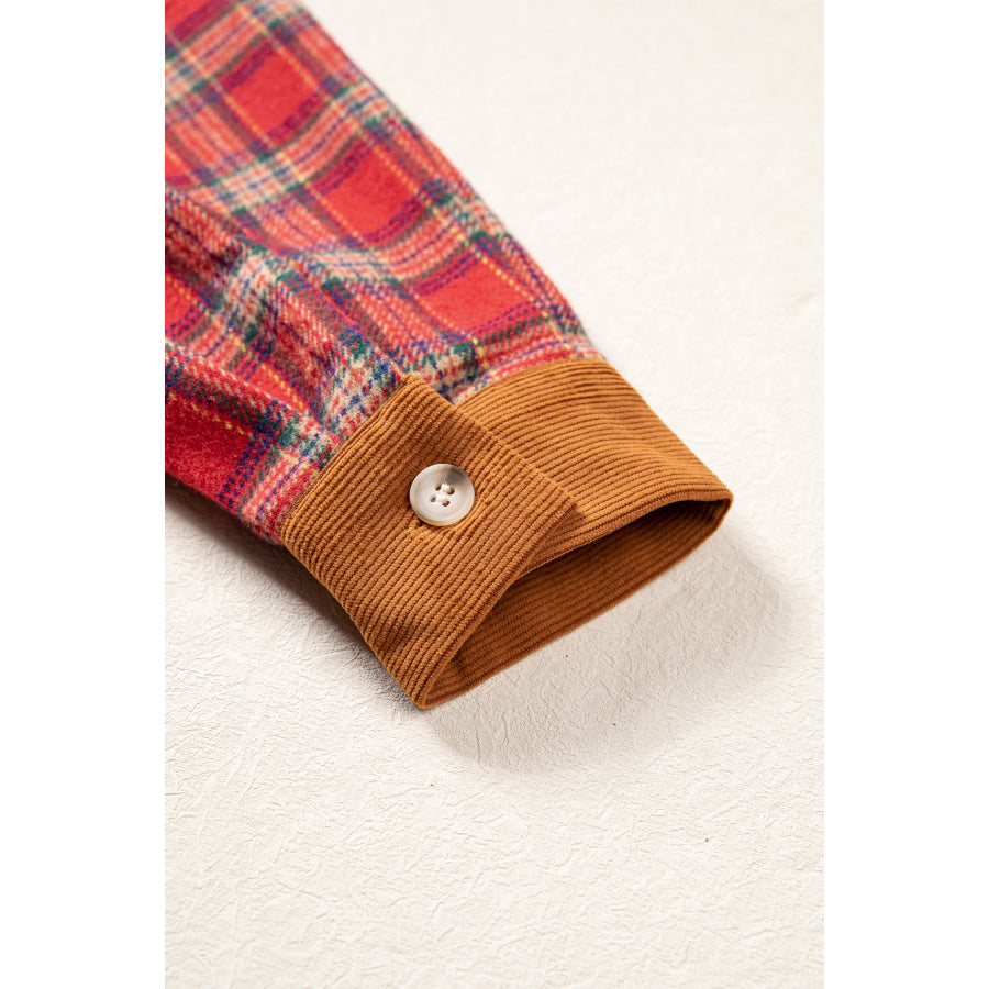 Red Casual Plaid Color Block Collared Button Shacket Outerwear/Plaid Shackets