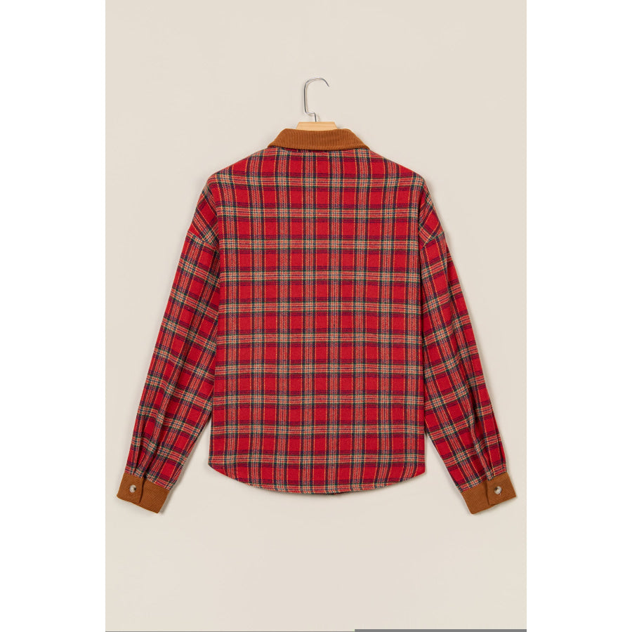 Red Casual Plaid Color Block Collared Button Shacket Outerwear/Plaid Shackets