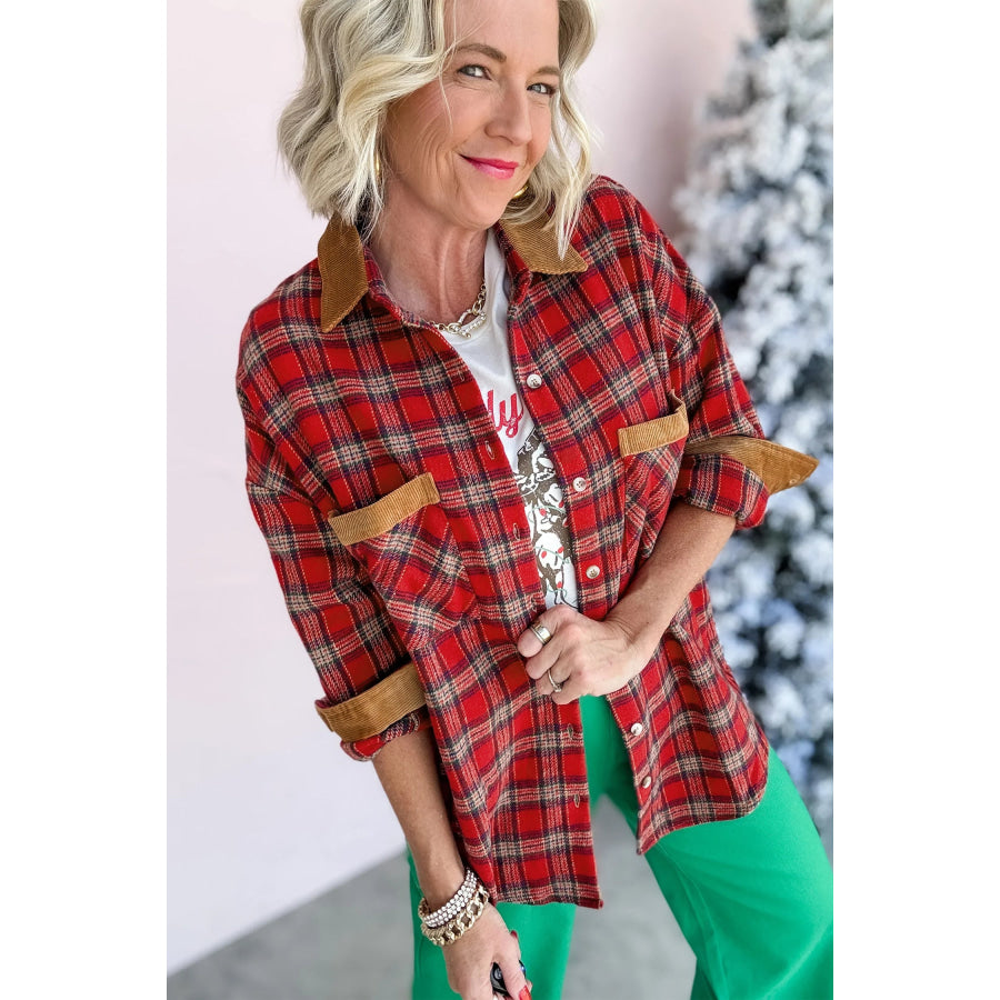 Red Casual Plaid Color Block Collared Button Shacket Outerwear/Plaid Shackets
