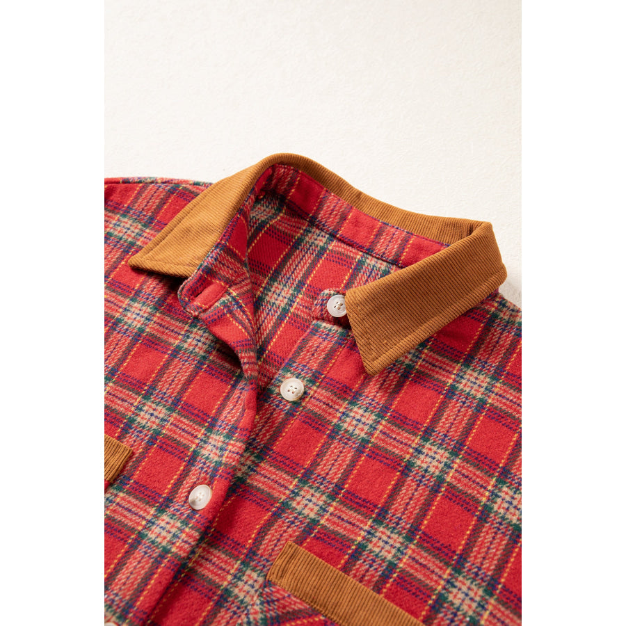Red Casual Plaid Color Block Collared Button Shacket Outerwear/Plaid Shackets