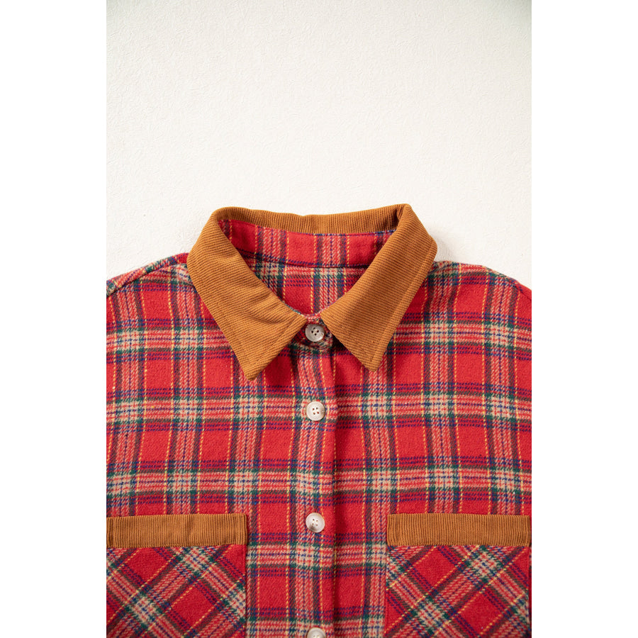 Red Casual Plaid Color Block Collared Button Shacket Outerwear/Plaid Shackets
