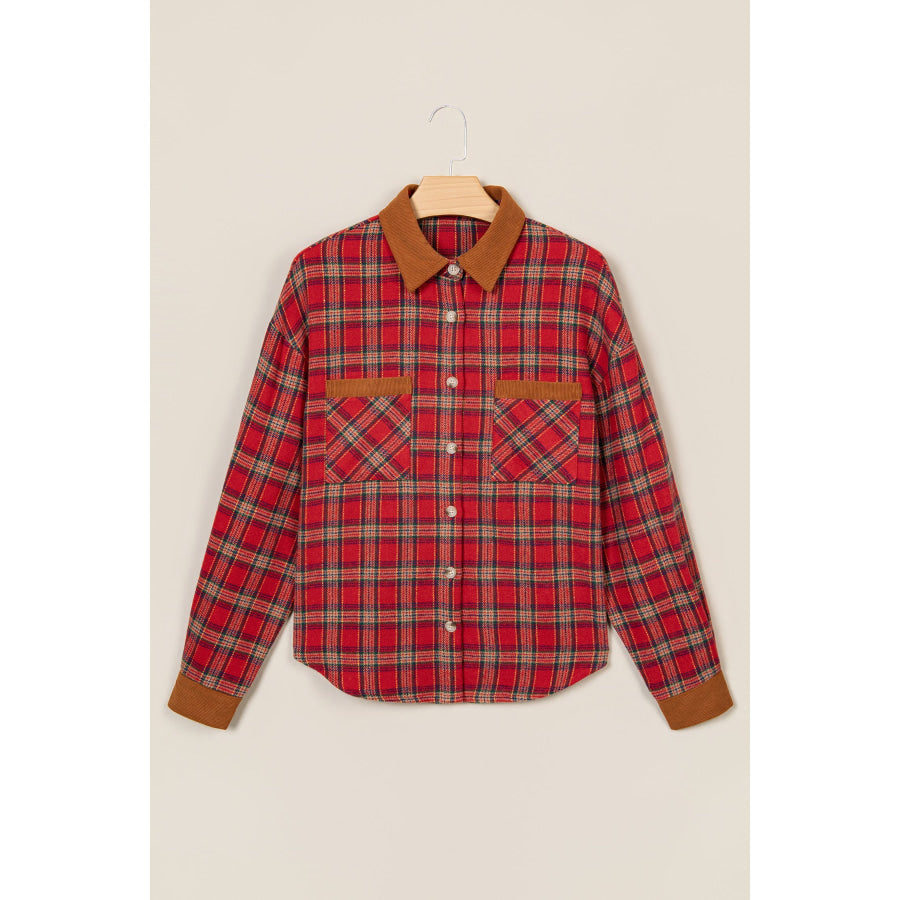 Red Casual Plaid Color Block Collared Button Shacket Outerwear/Plaid Shackets