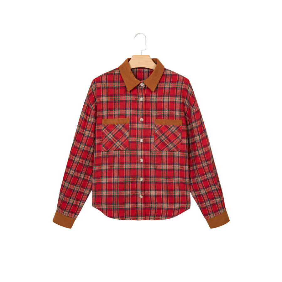 Red Casual Plaid Color Block Collared Button Shacket Outerwear/Plaid Shackets