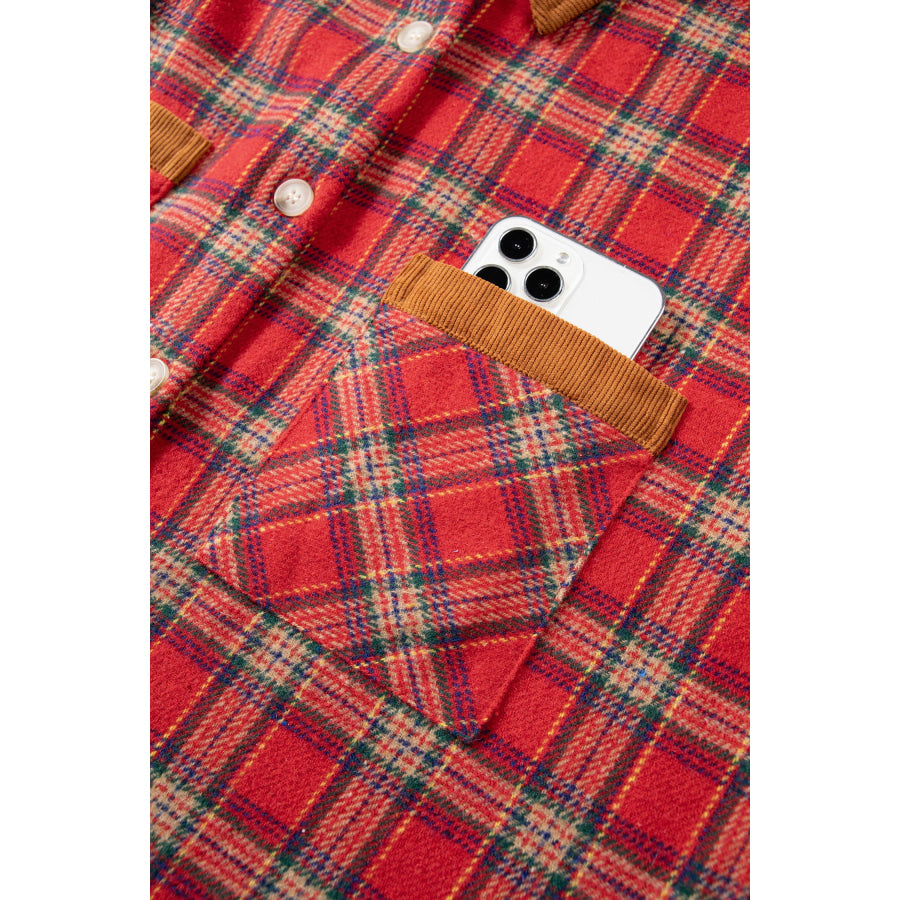 Red Casual Plaid Color Block Collared Button Shacket Outerwear/Plaid Shackets