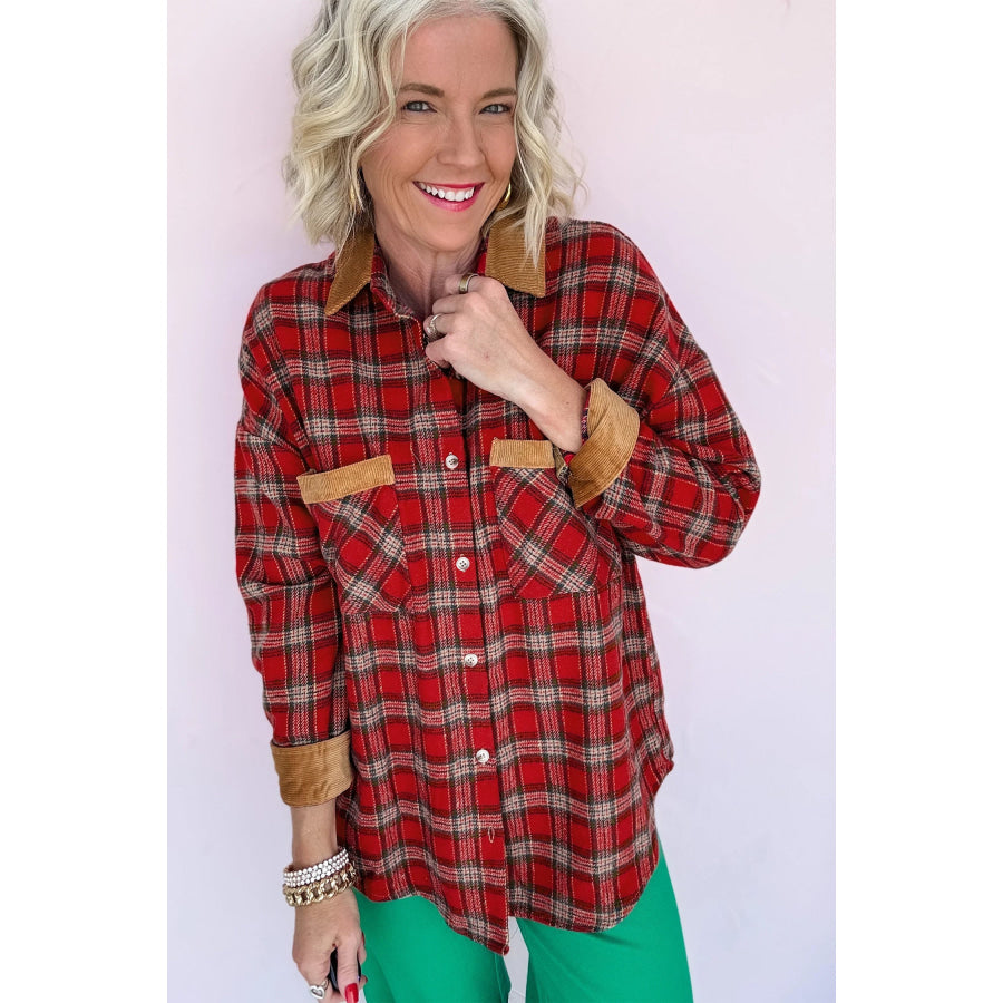 Red Casual Plaid Color Block Collared Button Shacket Outerwear/Plaid Shackets